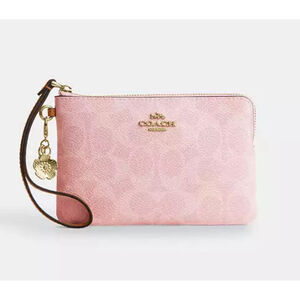 NEW Coach Corner Zip Wristlet In Powder Pink Signature Canvas With Charms NWT